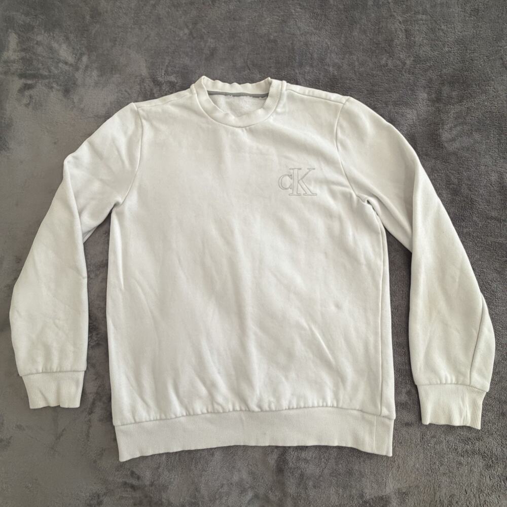 Calvin Klein Fleece Sweatshirt White Logo Crew Neck Pullover Long Sleeve Men's